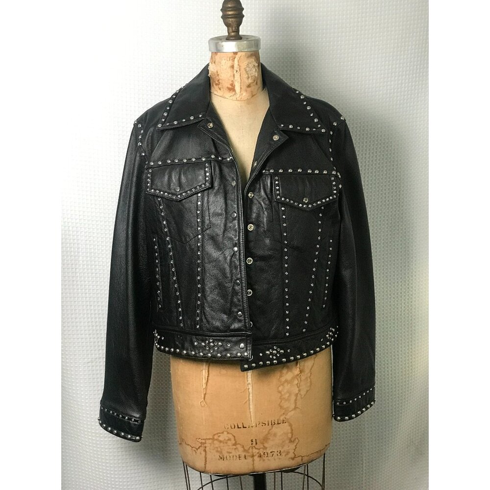 Vintage Wilsons Maxima Leather Crop Jacket Studded Rhinestone XL 90s Y2K